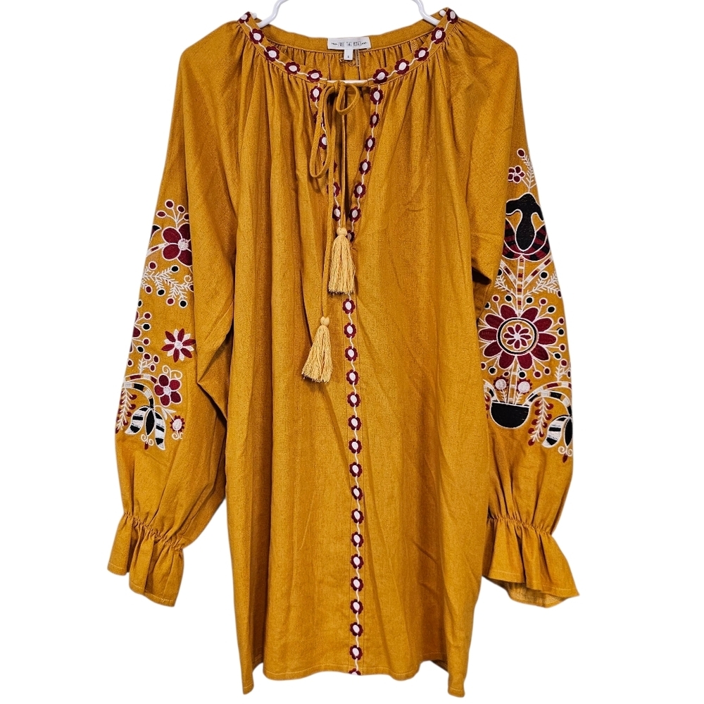 Free The Roses Embroidered Floral Shift Mustard Bohemian Mini Dress